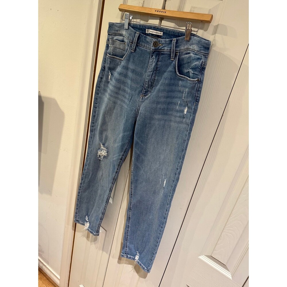 Whetherly Everette High Rise Cropped Vintage Wash Distressed Mom Jeans 32 14